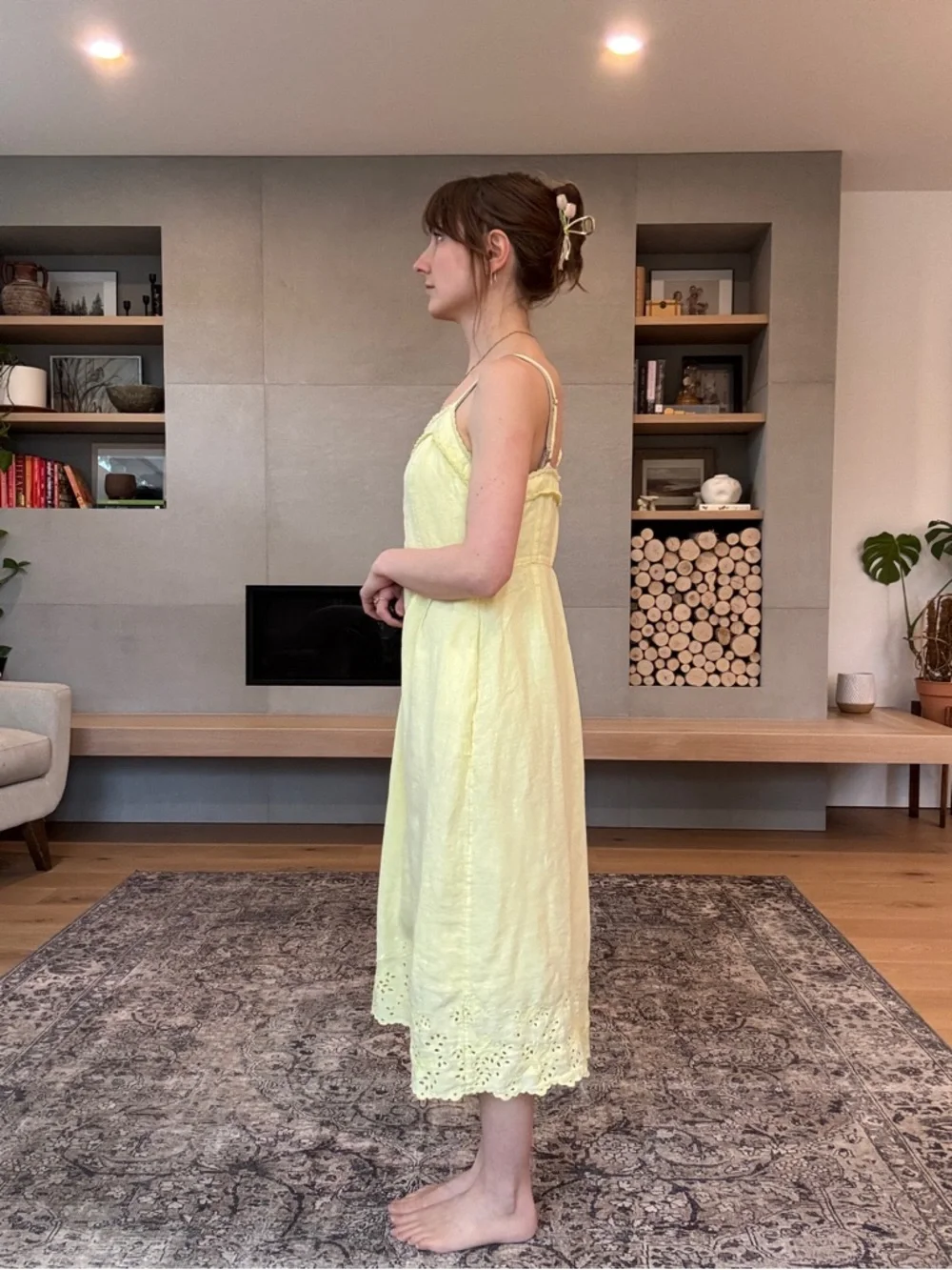 Wilfred 100% linen la boheme Yellow Eyelet Button-Front Midi Dress boho - Picture 4 of 17